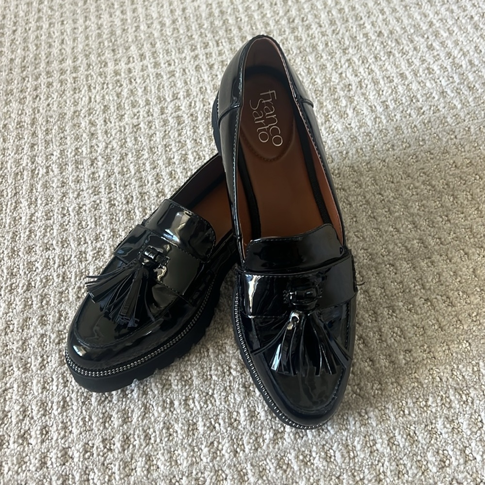 Franco Sarto glossy black faux leather platform loafers 7